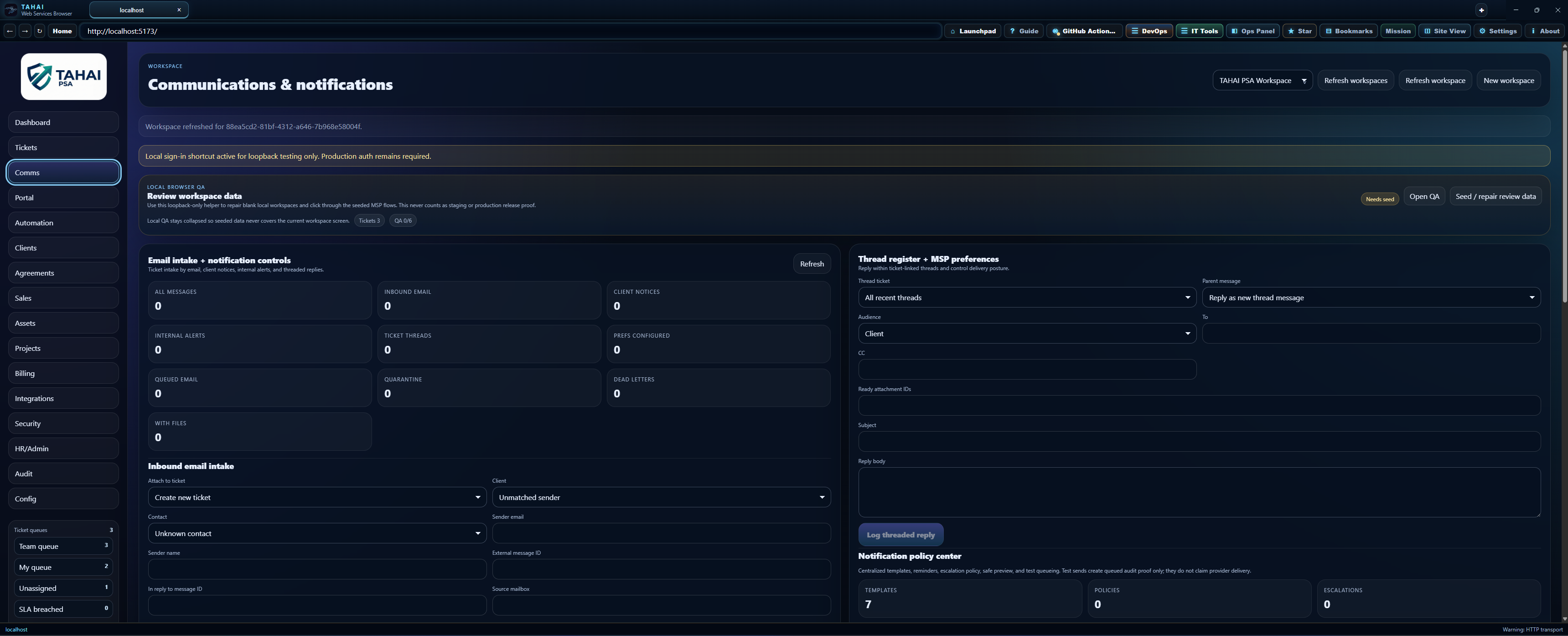 Communications and notifications workspace screenshot.