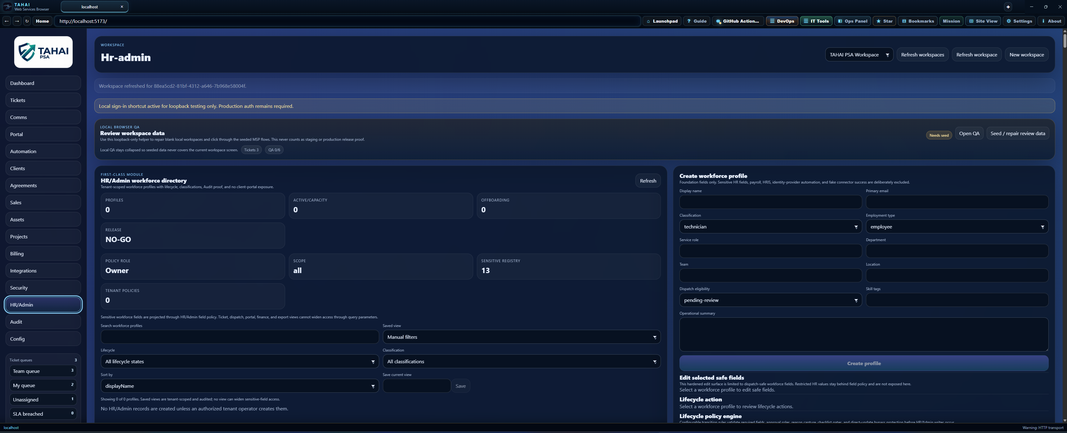 HR/Admin workspace screenshot.
