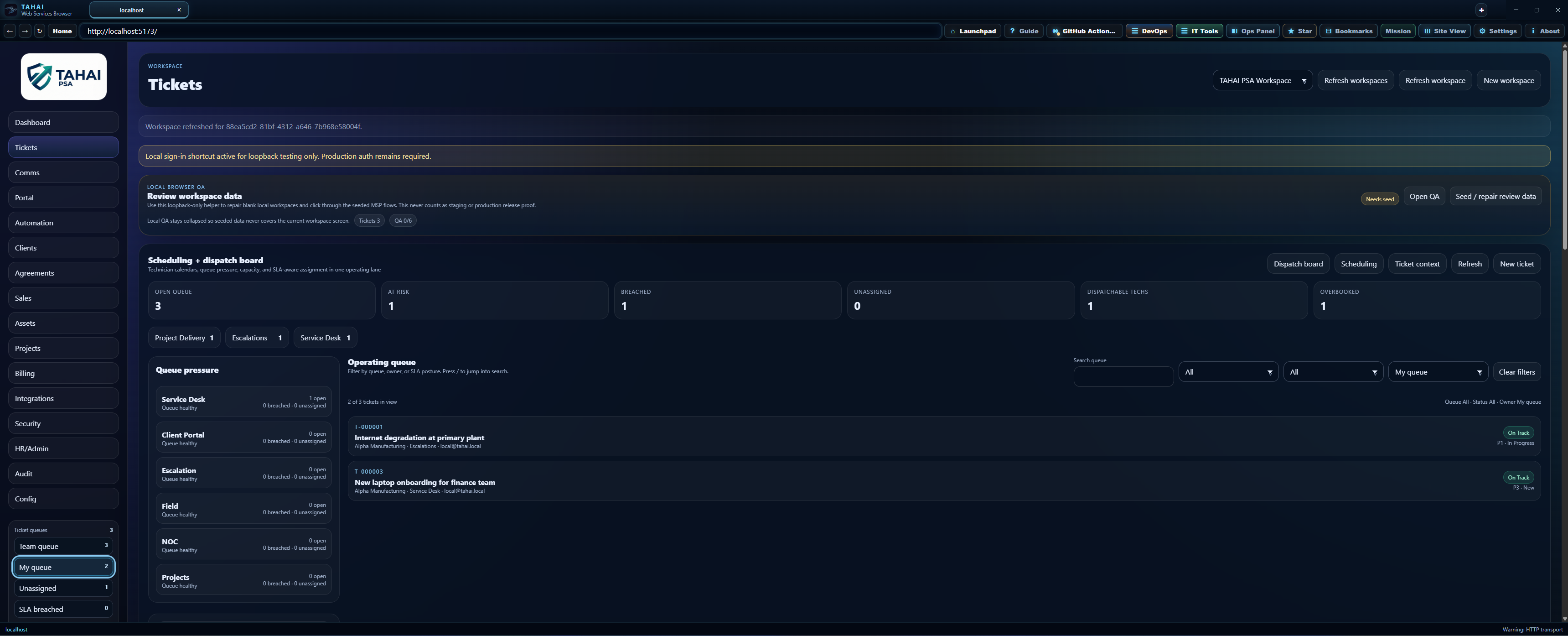 My Queue screenshot showing technician ticket assignments.