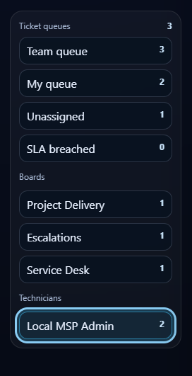 Service board and queue navigation screenshot.
