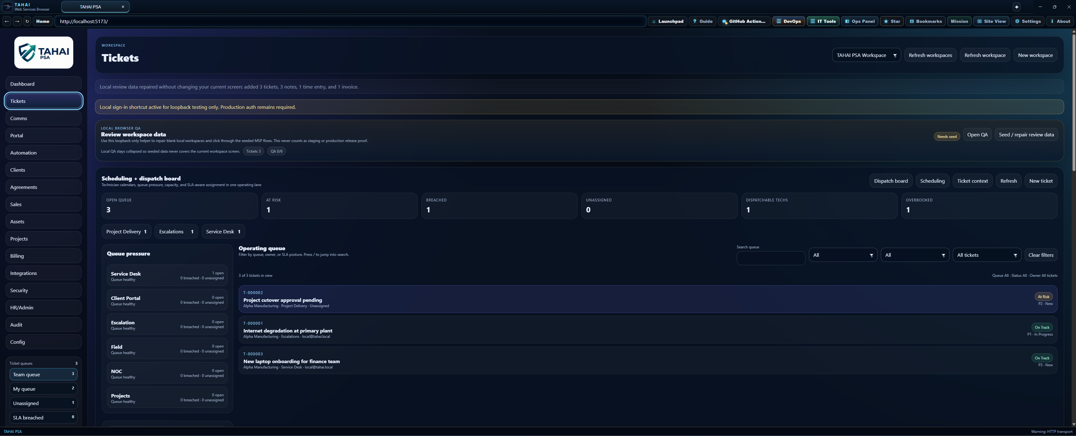 TAHAI PSA tickets workspace screenshot.